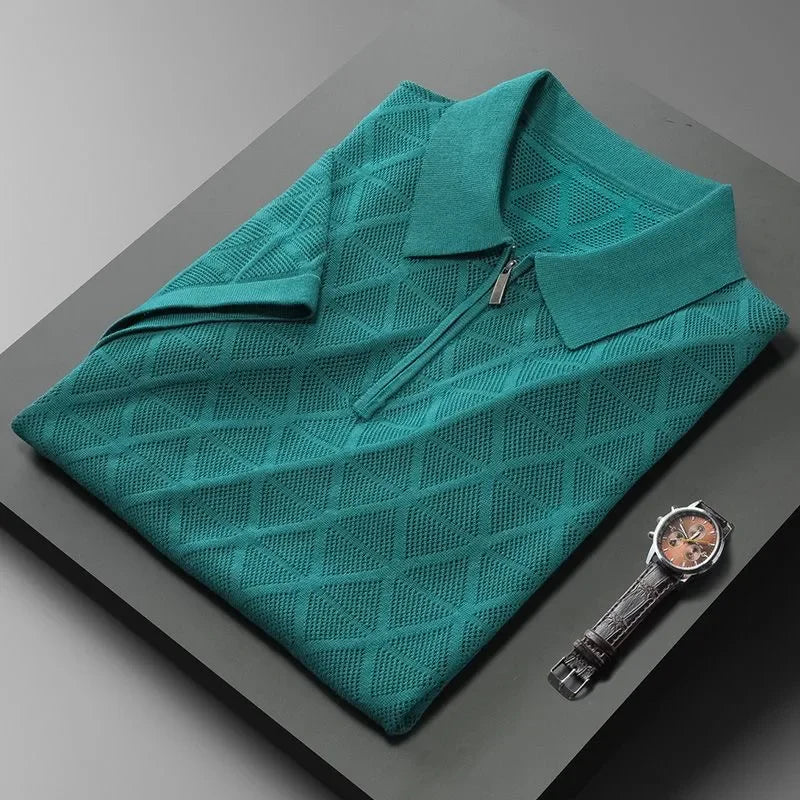 SuperbsTees Premium Zip Collar Knit Polo T-Shirt for Men – Textured Design