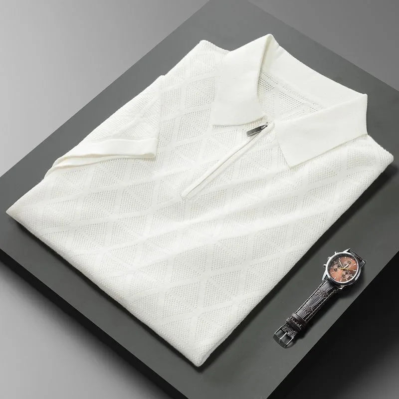 SuperbsTees Premium Zip Collar Knit Polo T-Shirt for Men – Textured Design