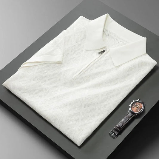 SuperbsTees Premium Zip Collar Knit Polo T-Shirt for Men – Textured Design